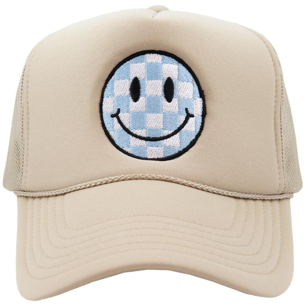 Light Blue Checkered Happy Face Foam Trucker Hat | Katydid.com