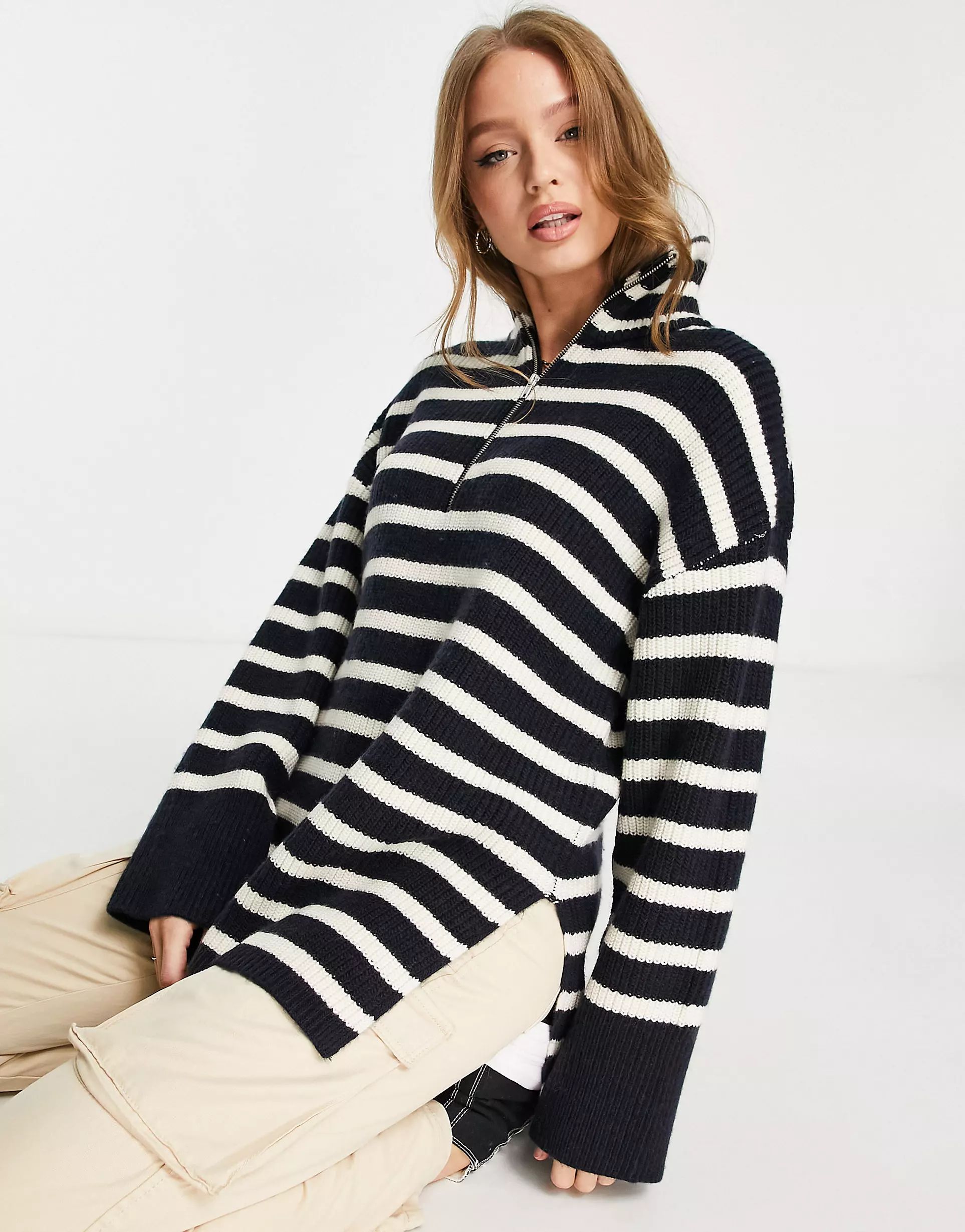 Monki oversized zip neck sweater in navy and off white stripe | ASOS (Global)