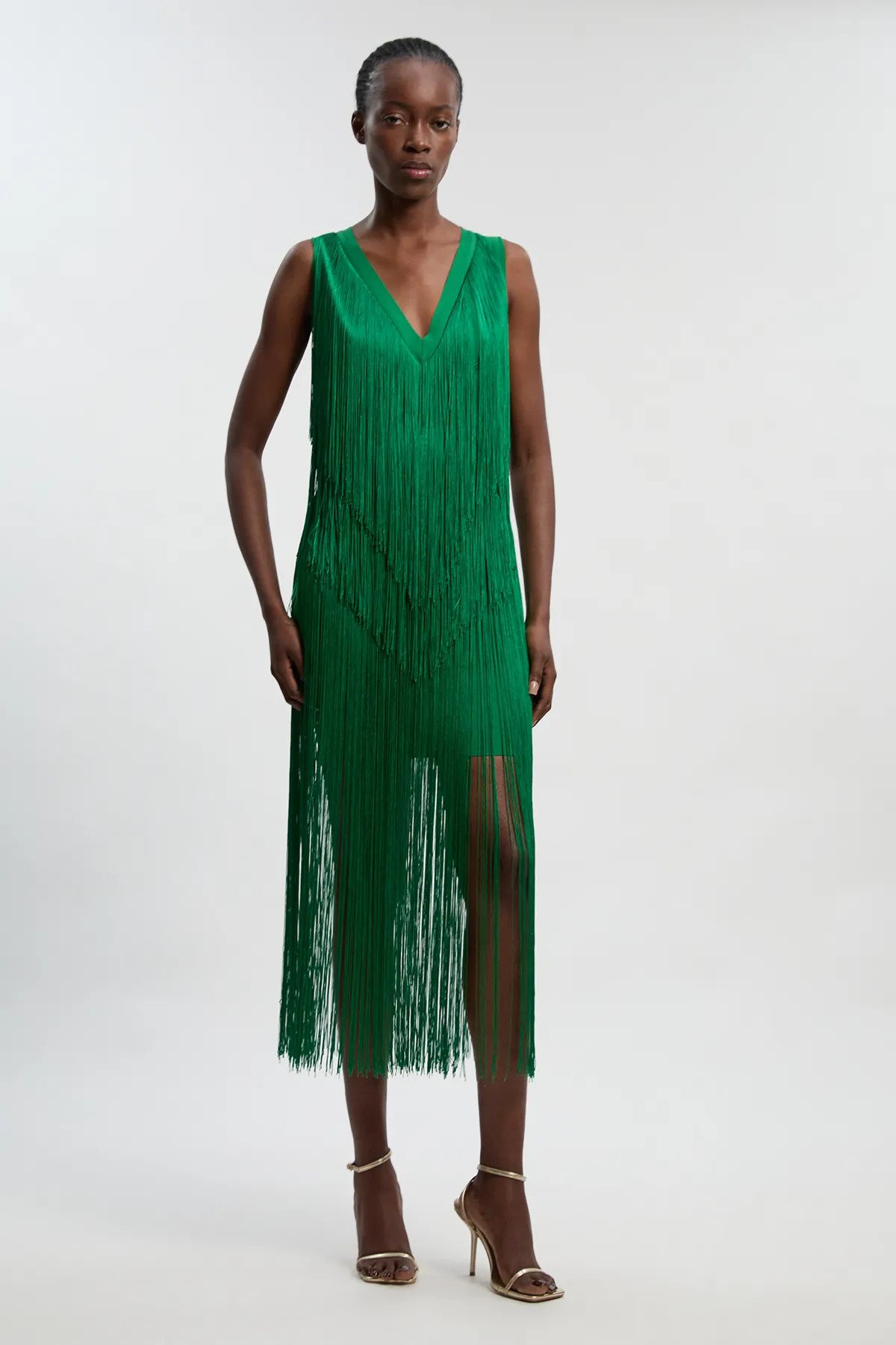 Petite Fringe Bandage V Neck Knit Midi Dress | Karen Millen