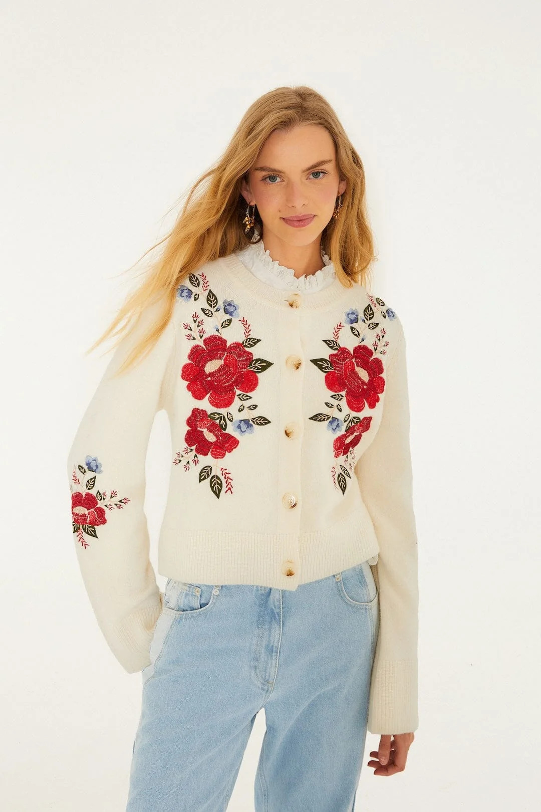 Cream Embroidered Flowers Buttoned Knit Cardigan, CREAM / XL | FarmRio (US)
