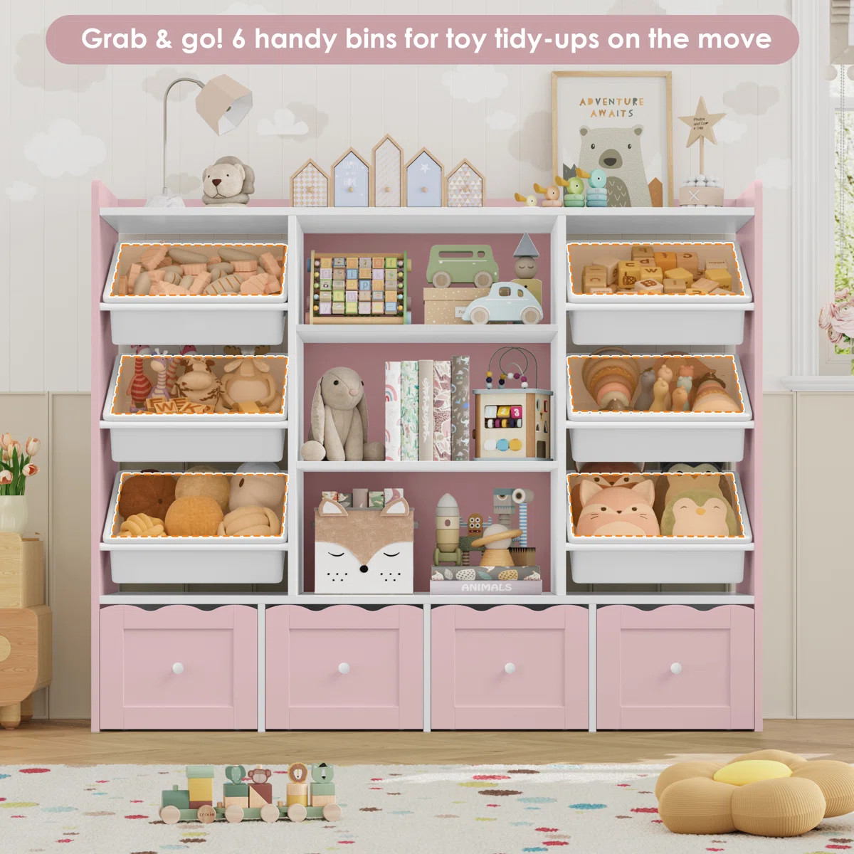 🧸 55"W x 48"H Multi-Functional Kids Organizer: 4-Drawer Toy Storage & Bookshelf with 6 Removab... | Wayfair North America