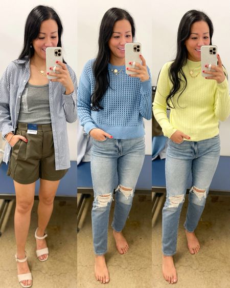 Size XS button down (oversized fit)
Size small tank top
Size small knit sweater & yellow sweater
Size 2 shorts and jeans
Shoes are true to size

Old Navy style
Old Navy spring


#LTKover40 #LTKsalealert #LTKfindsunder50