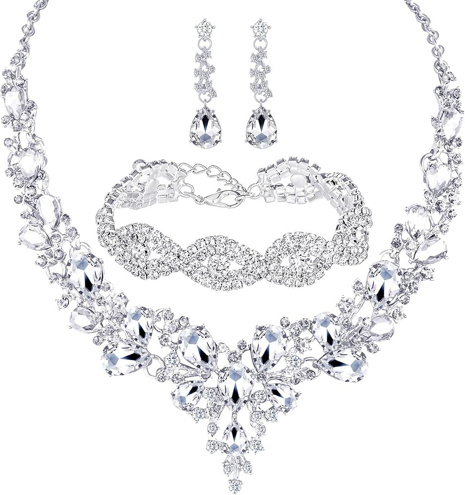3/4 Pieces Women Jewelry Set Artificial Rhinestone Crystal Bride Statement Choker Necklace Tiara ... | Amazon (US)