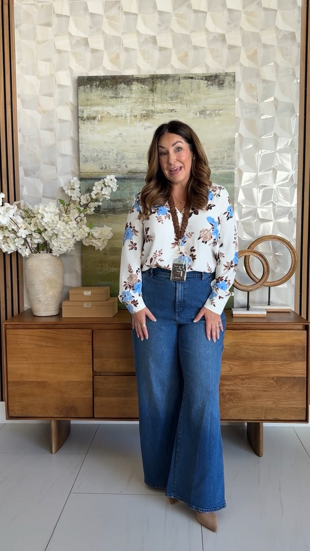 Fall workwear outfit idea 🍂 Ivory floral print long-sleeve blouse with blue and brown flowers, tucked into dark wash wide-leg flare jeans, finished with brown suede booties. A pretty teacher outfit and business casual look that dresses up your favorite jeans.

Sizing:blouse tts, L // jeans tts, 12 

#LTKworkwear #LTKOver40 #LTKmidsize

#LTKMidsize #LTKWorkwear #LTKOver40