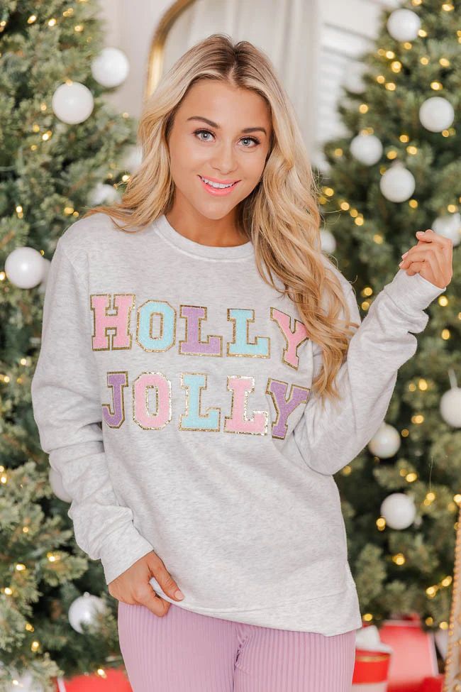 Holly And Jolly Chenille Patch Graphic Sweatshirt | Pink Lily