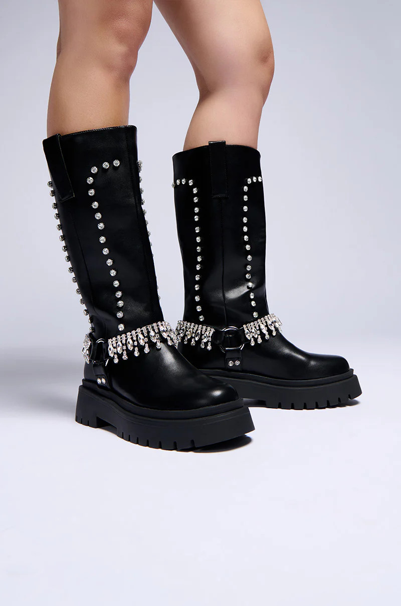 AZALEA WANG FILOMENA BLACK EMBELLISHED FLATFORM BOOT | AKIRA