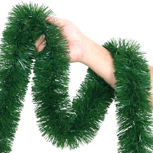 50Ft Green Christmas Garland Decorations,Xams Greenery Tinsel Stems Non-Lit Soft Twist Garland Decor for Tree Stairs Railing Front Door Mantle Fireplace Indoor Outdoor Holiday Home | Amazon (US)