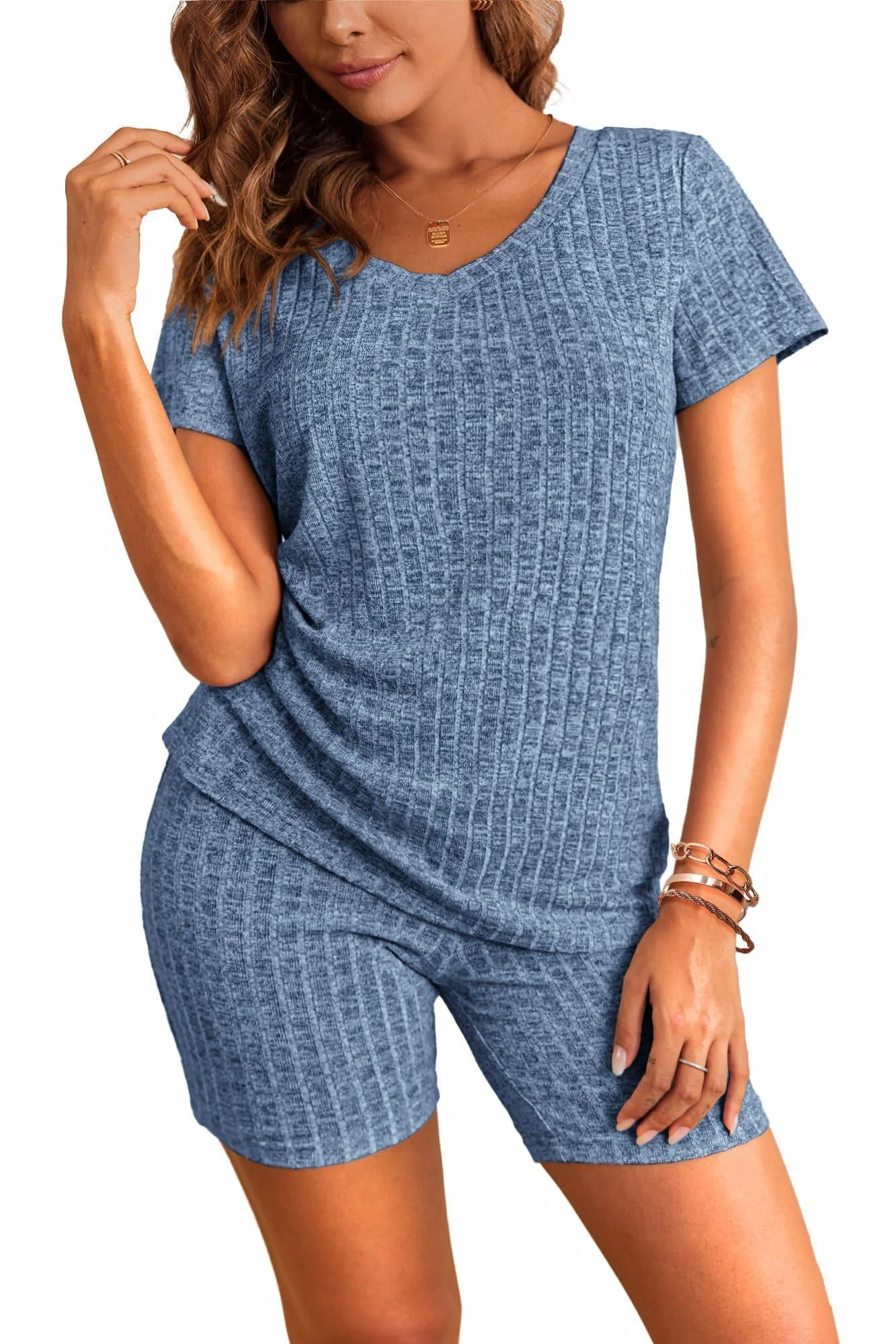 Ekouaer Biker Short Sets Women 2 Piece Outfits Ribbed Pajama Short Sleeve Workout Set - Walmart.c... | Walmart (US)