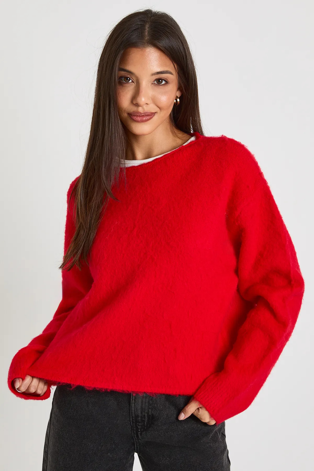 Red boohoo Soft Brushed Knit  Boxy Fit Crew Neck Jumper | Nasty Gal USA | Nasty Gal US