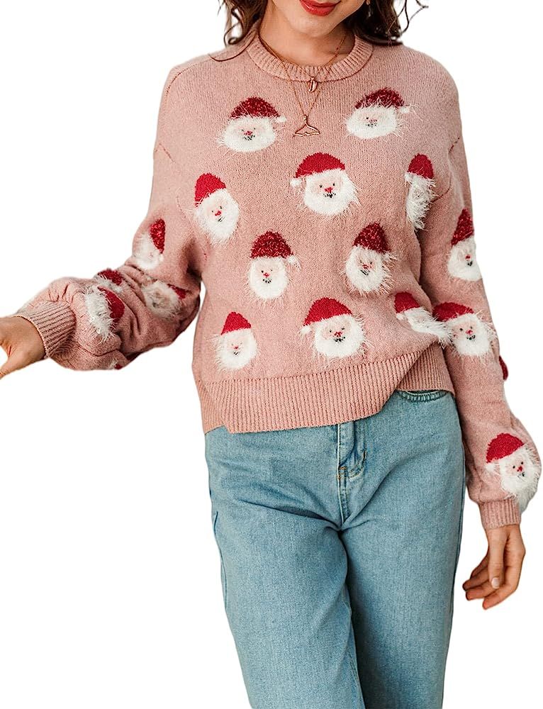 BerryGo Women's Long Sleeve Christmas Ugly Sweater Santa Claus Knit Pullover Sweater Pink L at Am... | Amazon (US)