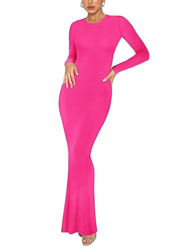 REORIA Women's Sexy Casual Crew Neck Lounge Slimming Long Dress Elegant Wedding Guest Long Sleeve Ribbed Bodycon Maxi Dresses Rose red- Medium | Amazon (US)