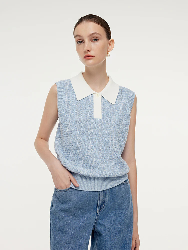 Contrast Collar Women Knit Polo Tank Top | GOELIA