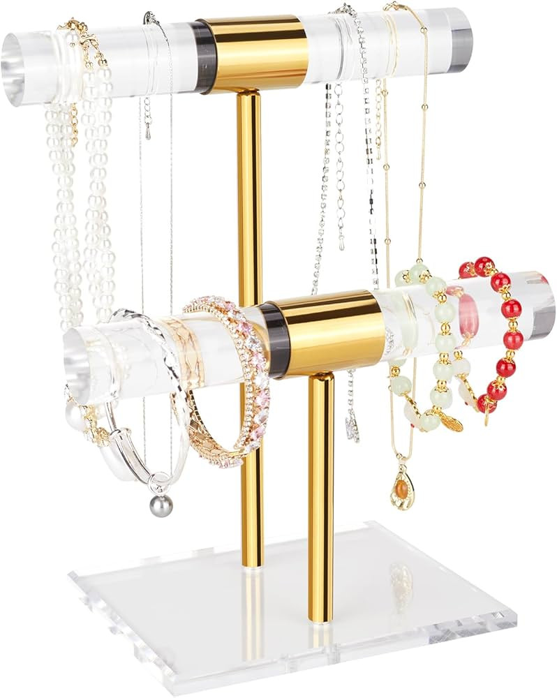 Necklace Holder Bracelet Holder, 2-Tier Acrylic Jewelry Display Stand Gold Jewelry Tower Stand Cr... | Amazon (US)