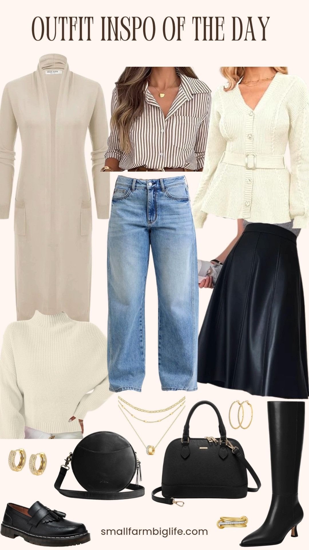Today’s outfit inspo 🤍✨ Easy layers and timeless neutrals like blue jeans, a cream open front cardigan, striped button front shirt, or a mock neck sweater paired with a black skirt. Finished with knee high boots or tassel loafers, a black bag, and gold jewelry for a polished, everyday look. 

 #LTKOver40 #LTKFindsUnder50 #LTKWorkwear