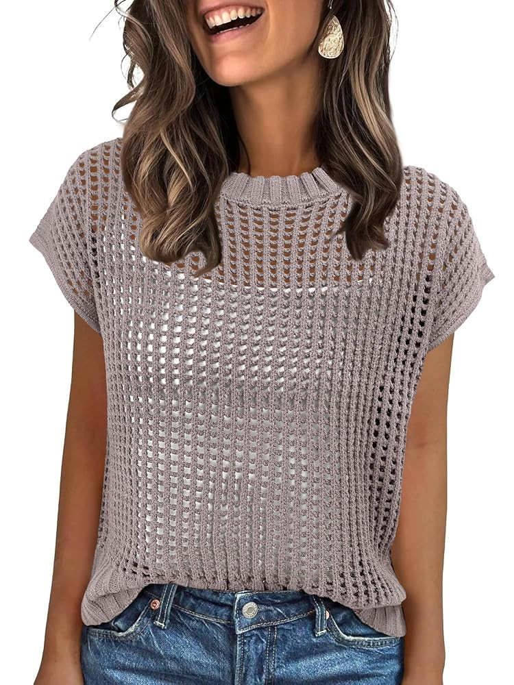 ANRABESS Womens Tops 2025 Trendy Summer Shirts Crochet Cap Sleeve Knitted Sweater Beach Vacation ... | Amazon (US)