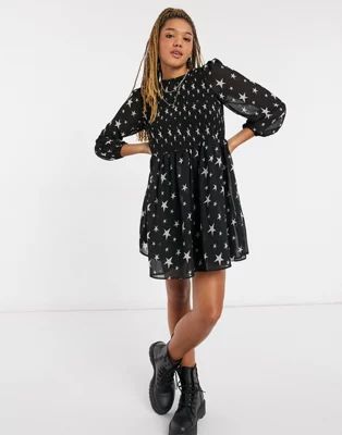 ASOS DESIGN shirred mini smock dress in star print | ASOS (Global)