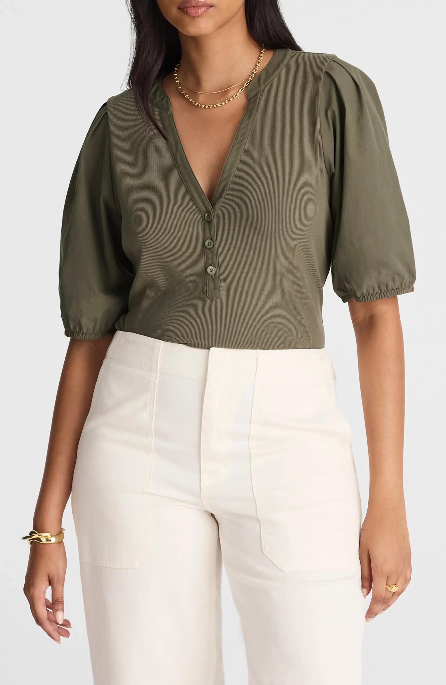 Madewell Puff-Sleeve Henley Knit Top | Nordstrom | Nordstrom