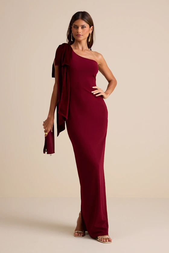 Amarila Burgundy One-Shoulder Velvet Bow Maxi Dress | Lulus