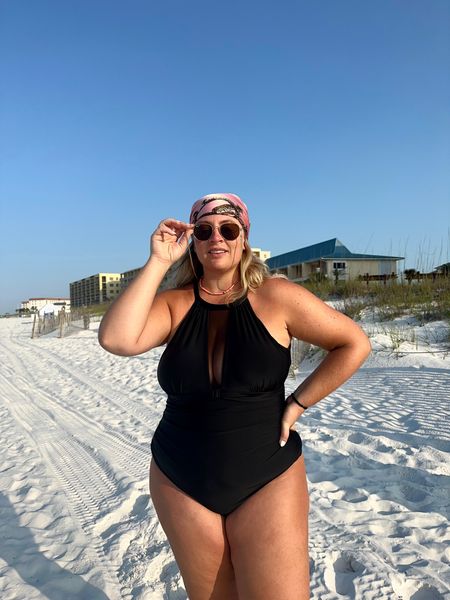 Black amazon one piece swimsuit with mesh detail on cleavage - super chic affordable bathing suit! Also linking the scarf and sunglasses for a full beach outfit #beach #beachoutfit #amazon #swimsuit #fullerbust 

#LTKunder50 #LTKswim #LTKtravel