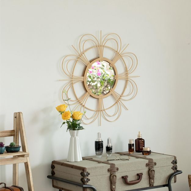 Vintiquewise Decorative Flower Shape Woven Rattan Wood Round Modern Hanging Wall Mirror | Target