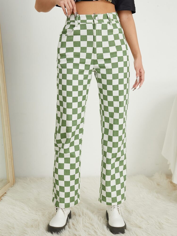 SHEIN PETITE Checker Print High Waist Pants | SHEIN