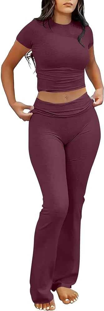 ANRABESS Lounge Sets for Women 2 Piece Foldover Yoga Flare Leggings Pants Crop Tops Casual Y2K Ou... | Amazon (US)