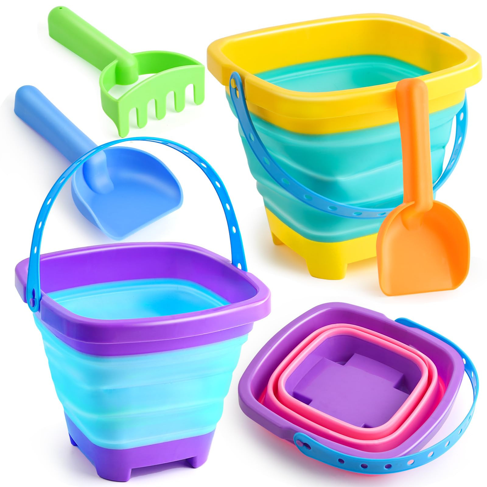 Beach Toys Collapsible Sand Toys Foldable Sand Buckets Set 6 pcs with Shovels Silicone Sand Pails... | Amazon (US)