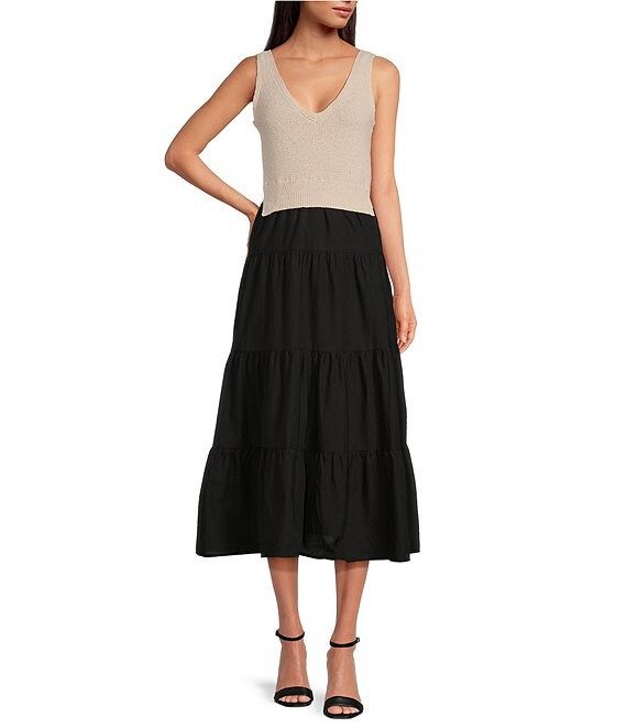 V-Neck Sleeveless Tiered Ruffled Hem Woven Knit A-Line Dress | Dillard's