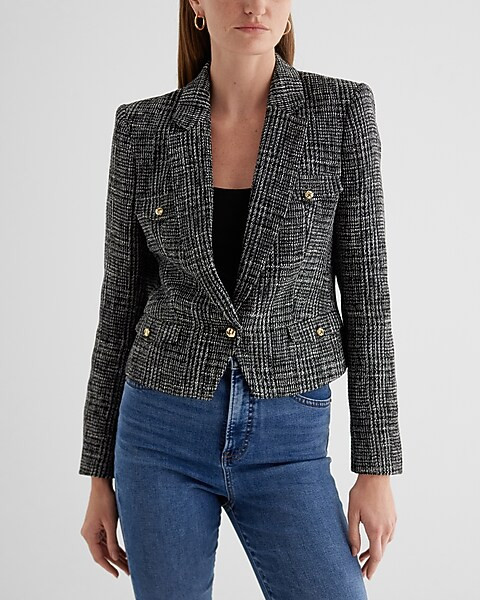 Tweed Novelty Button Cropped Blazer | Express