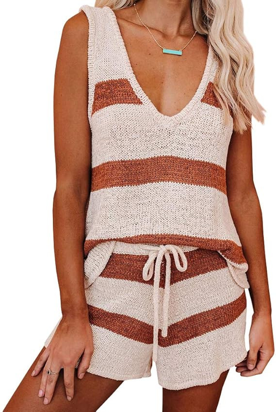 Sherrylily Womens Two Piece Outfits Summer Strappy V Neck Knit Crop Tops with Tie Waisted Beach S... | Amazon (US)