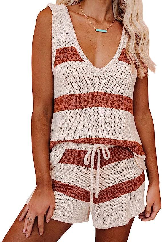 Sherrylily Womens Two Piece Outfits Summer Strappy V Neck Knit Crop Tops with Tie Waisted Beach S... | Amazon (US)