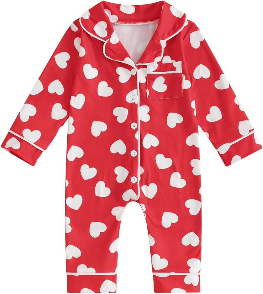 BULINGNA Infant Baby Girl Boy Valentine's Day Jumpsuit Long Sleeve Button Down Heart Print Footle... | Amazon (US)