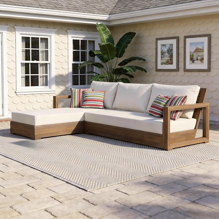 Christopher Knight Home L-Shaped Outdoor Patio Sectional Sofa Set, 3-Seater Acacia Wood Floor Sea... | Amazon (US)