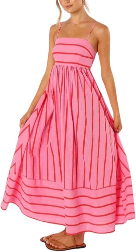 Women's Striped Spaghetti Strap Cutout Maxi Dress Sleeveless Backless Flowy Swing Long Dress | Amazon (US)