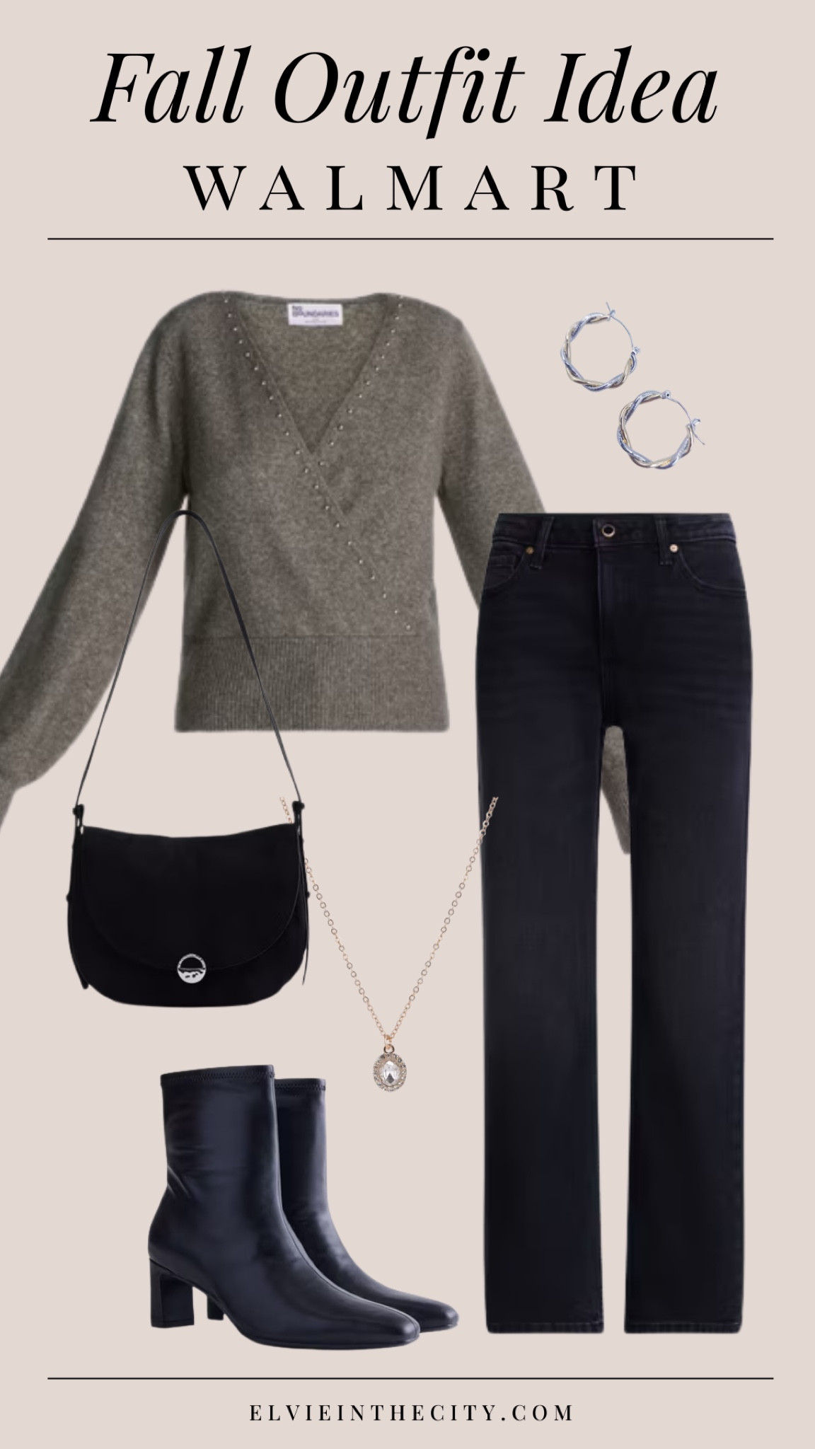 This fall outfit idea from Walmart includes a v neck wrap sweater, black straight leg jeans, a black crossbody bag, black boots, hoop earrings and a teardrop necklace. 

Ootd, fashion over 40, over 50 style, Walmart outfit, affordable fashion 

#LTKPetite #LTKootd