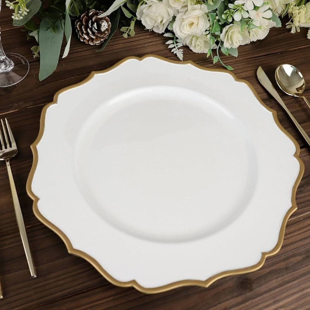 Efavormart 6 Pack | White & Gold 13" Round Scallop Rim Plastic Charger Plates, Tabletop Dinnerwar... | Amazon (US)