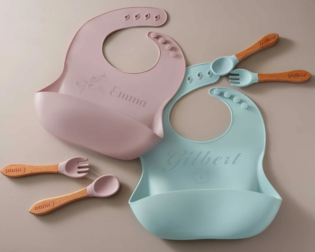 Silicone Baby Bib, Spoon&fork Set Personalized Baby Cutlery Set Baby Shower Gifts Toddler Birthda... | Etsy (US)