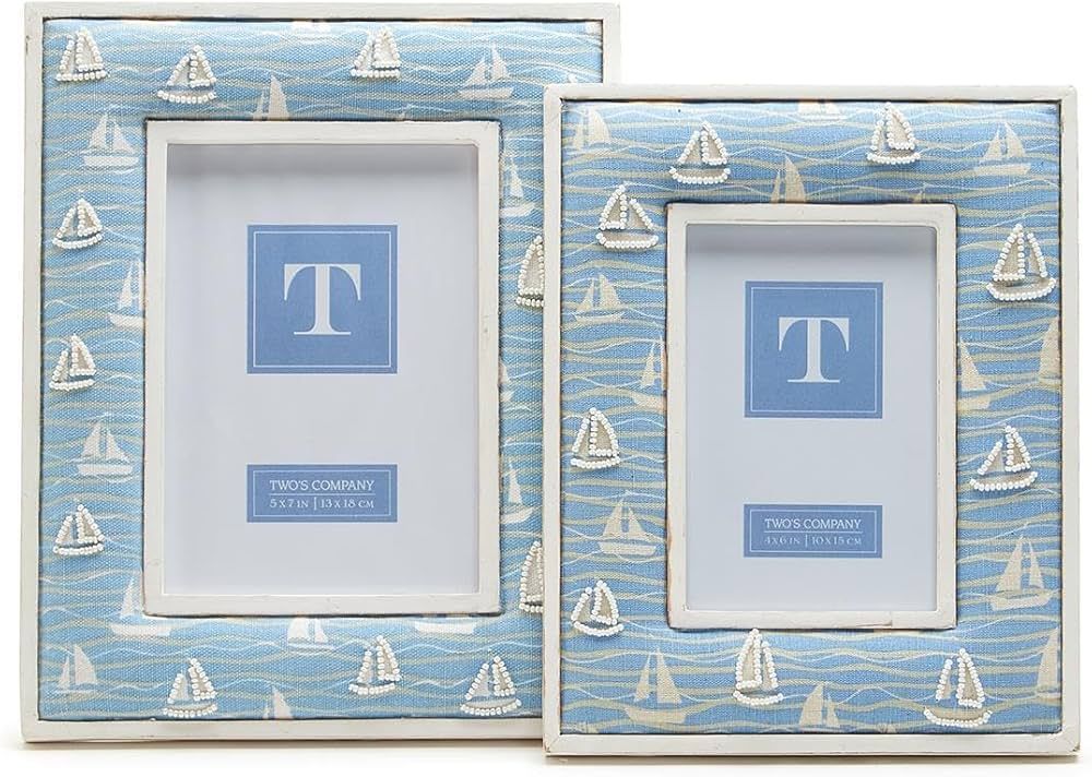 Two's Company Sailboat Set of 2 Hand-Beaded White Washed Photo Frame Includes: 4x6 and 5x7 | Amazon (US)