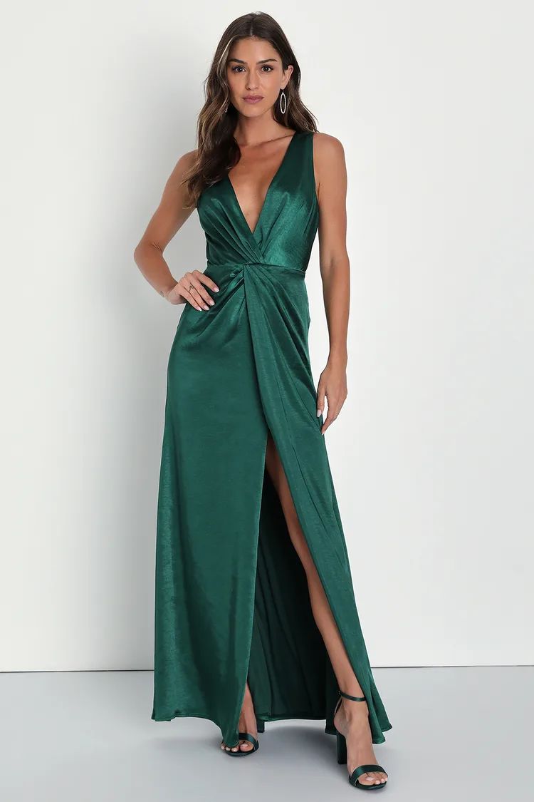 Perfect Refinement Emerald Satin Sleeveless Pleated Maxi Dress | Lulus (US)