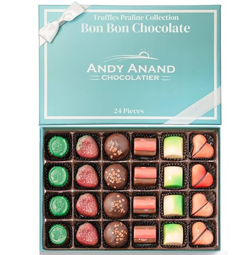 Andy Anand Luxury Bon Bon Chocolate Truffles Praline Collection (24 Pieces) Flown from Belgium, Delicious Decadent Belgian Truffles handmade with Fresh Cream, Fruits, Ganache & Nuts | Amazon (US)