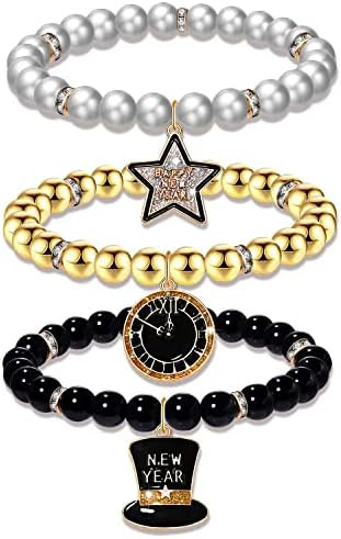 Happy New Year Bracelets for Women CCB Pearl Beaded Stretch Bracelets Sparkling Top Hat Clock Sta... | Amazon (US)