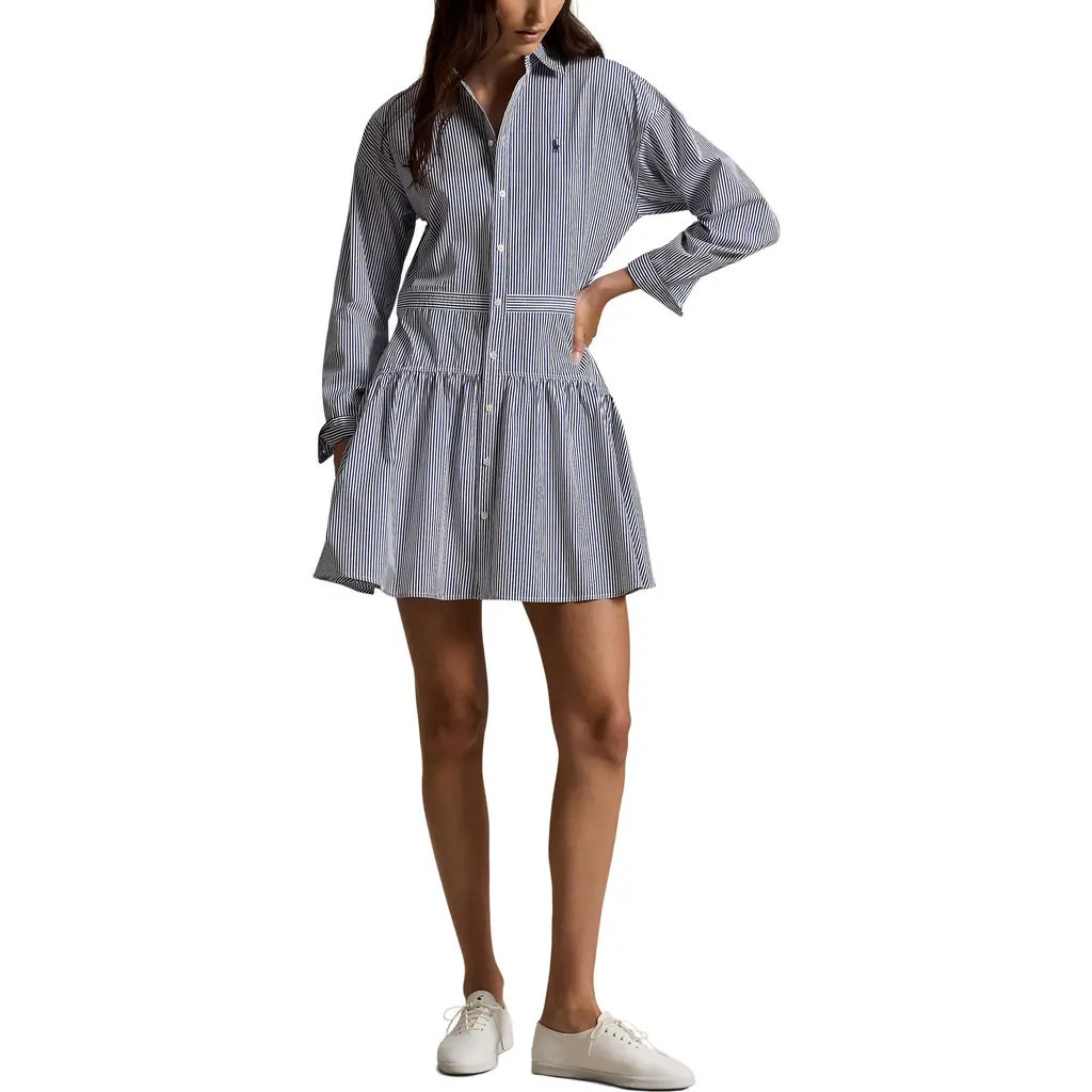 Polo Ralph Lauren Long Sleeve Stripe Poplin Mini Shirtdress in White/Fall Royal at Nordstrom, Size 0 | Nordstrom