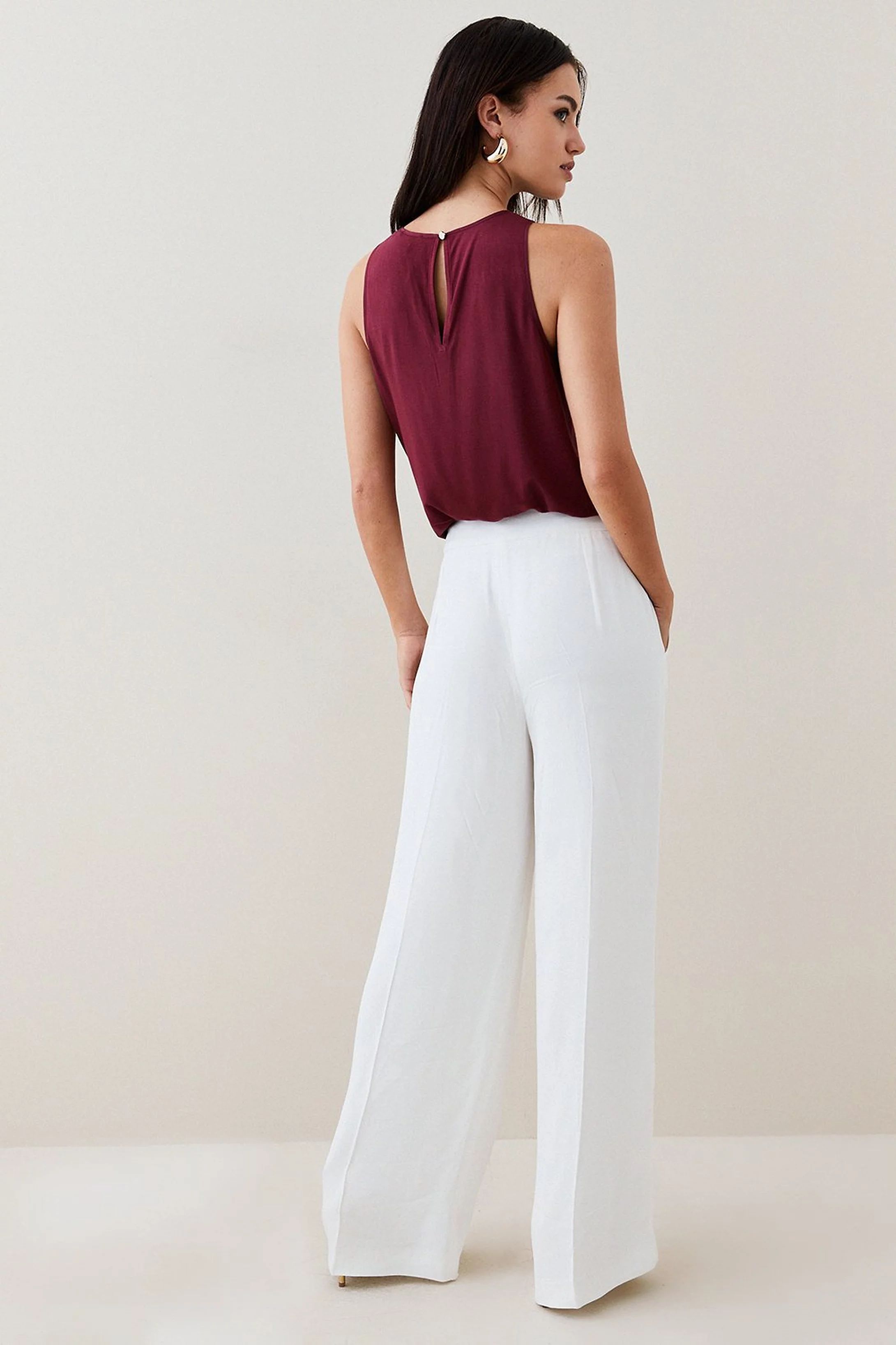 Petite Tailored Viscose Satin Back Crepe Wide Leg Trouser | Karen Millen UK + IE + DE + NL