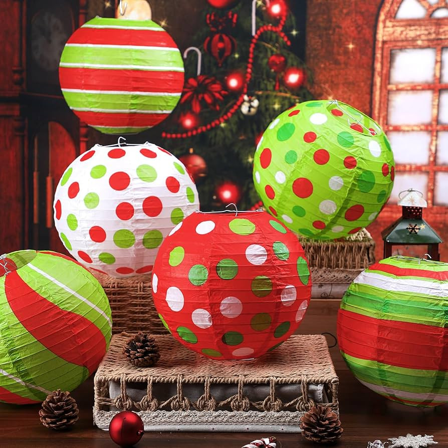 12 Pcs Red Green Christmas Paper Lantern 10" Glittering Hanging Christmas Paper Lanterns Swirl Ca... | Amazon (US)