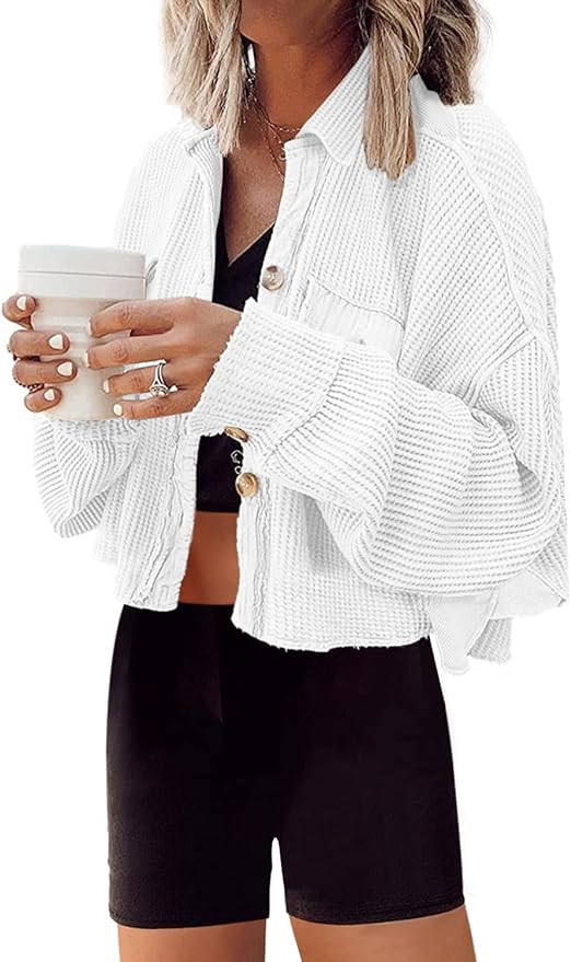 Panadila Women's Cropped Waffle Knit Shacket Short Button Down Jacket Batwing Sleeve Shirts with ... | Amazon (US)