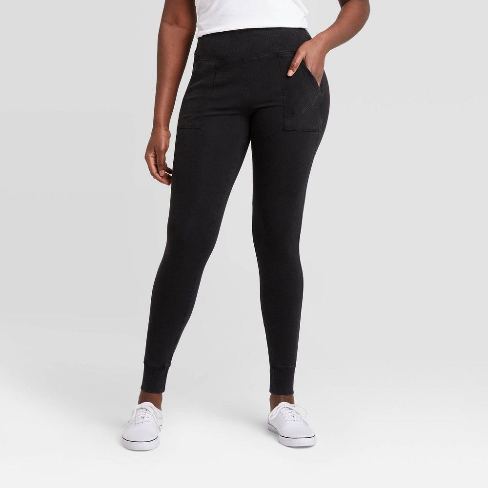 Women's Ribbed High-Waist Leggings with Pockets - A New Day Black S | Target
