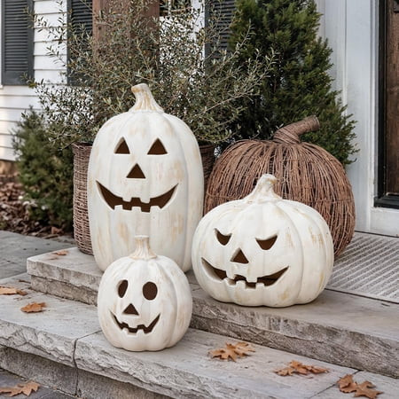 Fall Decor - 9.8" Halloween White Handmade Resin Pumpkin Jack O' Lantern Decorations, Vintage Autumn Farmhouse Pumpkin Table Decoration for Home Indoor Outdoor Front Porch Mantel | Walmart (US)