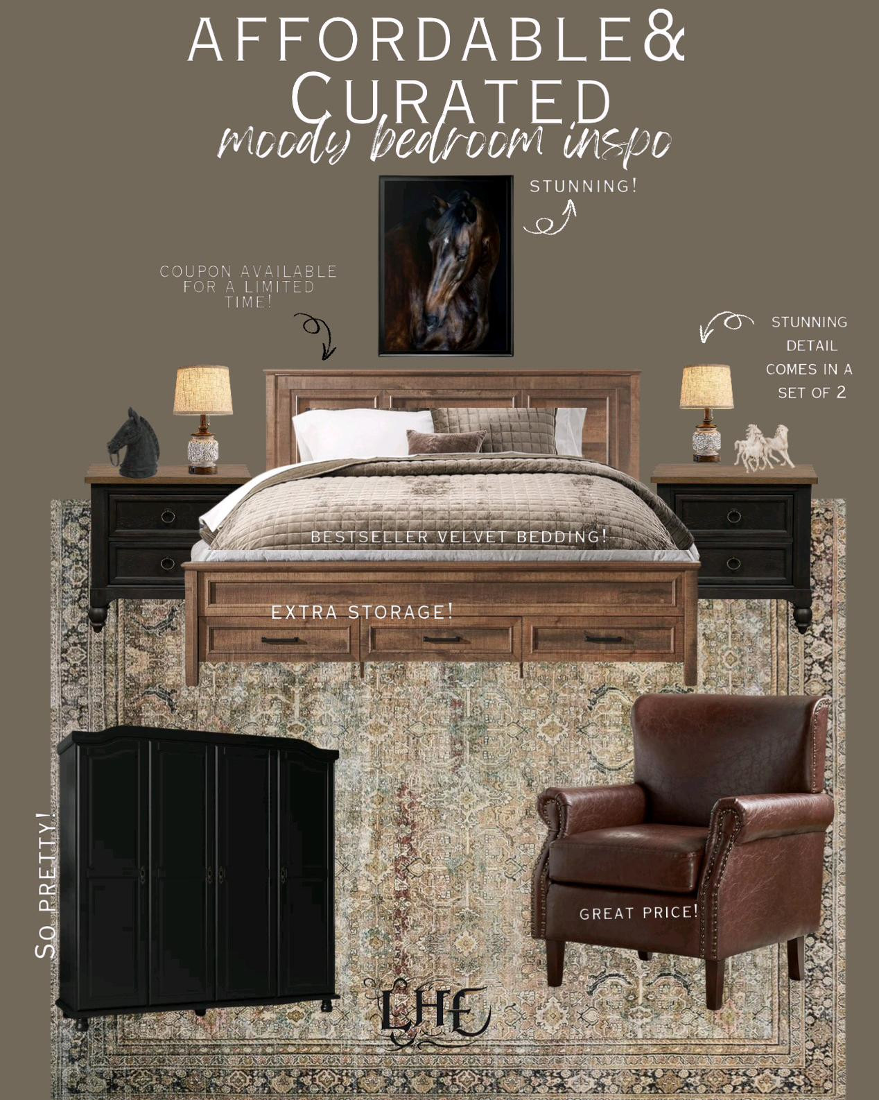 Moody bedroom inspo! Shop by clicking the thumbnails below 👇.  . . Moody bedroom, moody home decor, Moody rug, Moody home, Moody wall art, Moody bedding, bed frame, affordable bed frame, affordable nightstands, bedding master bedroom, bedroom furniture, bedroom decor, bedroom dresser, bedroom Armoire, Armoire, bedroom inspo, farmhouse decor, farmhouse bedroom, modern farmhouse bedroom, moody farmhouse bedroom, rustic home decor, affordable rugs, affordable home decor affordable bedding,  bedroom chair, leather chair, leather accent chair, black nightstands, horse wall art, table lamp, nightstand lamps, bedroom lamps, bedroom rug, bedroom ideas

#LTKHome #LTKSaleAlert #LTKStyleTip