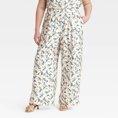 Women's High-Rise Wide Leg Pull-On Pants - A New Day™ Cream Floral 1X | Target