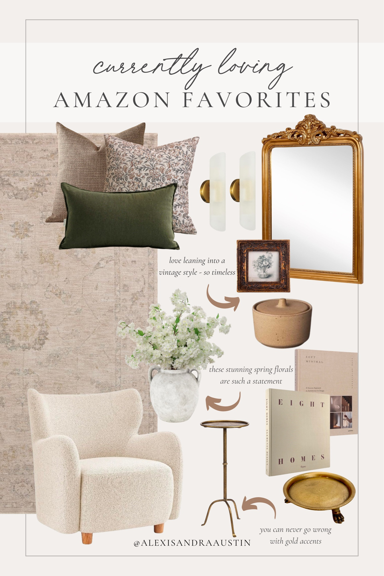 Amazon favorites currently in my cart! Light and neutral details for a spring refresh in the home

Home finds, found it on Amazon, neutral home inspo, vintage style mirror, gold detail, ornate frame, throw pillow, neutral area rug, spring florals, accent chair, decor book, coffee table book, wall sconce, spring refresh, living room refresh, bright and airy, shop the look!

#LTKHome #LTKStyleTip #LTKSeasonal